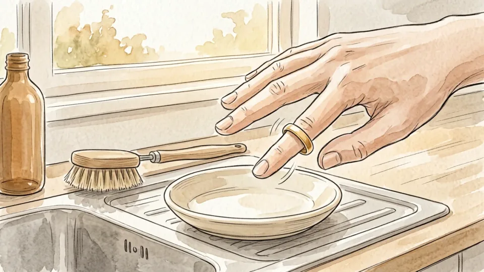 Step 2 of 15: Take your rings off first. A hand held over a small shallow dish at the edge of a kitchen sink, about to slide a plain gold band off the ring finger, with a scrubbing brush and a plain bottle beside the tap.