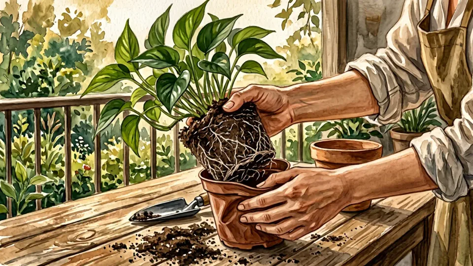 Step 8 of 15: Release the plant from its old pot. Hands gently sliding a leafy houseplant and its root ball out of a flexible nursery pot.