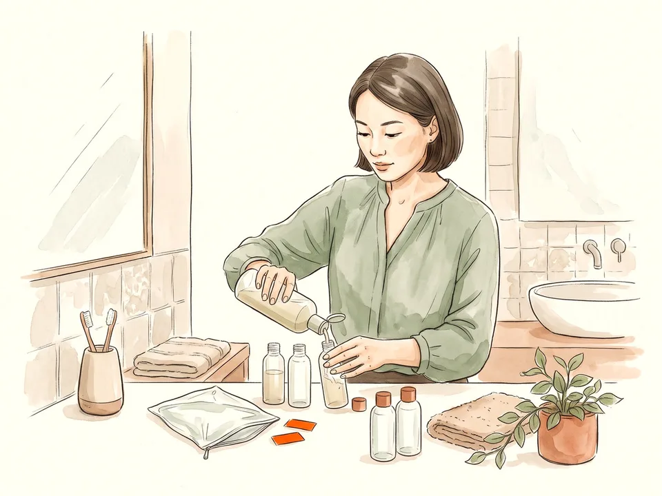 Step 9 of 12: Decant toiletries. A traveler decanting toiletries into small bottles