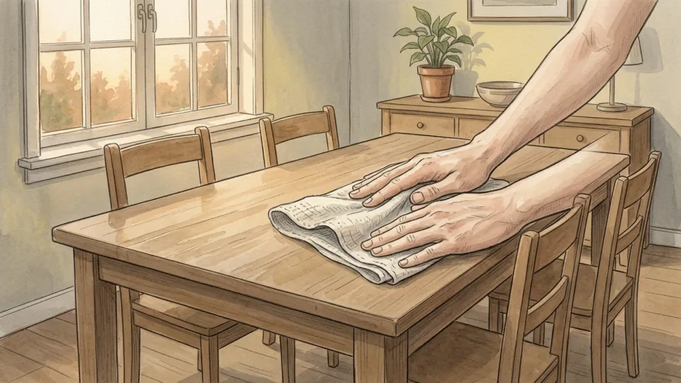 Step 2 of 15: Pick a time and a place and protect them. A hand wiping a cleared wooden dining table with a folded cloth, four chairs pulled up around it in low evening light.