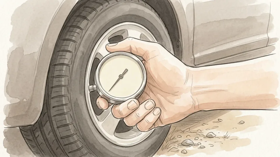 Step 7 of 15: Press the gauge on squarely. A hand pressing a round dial gauge firmly onto a tire valve, the wrist braced against the edge of the wheel.