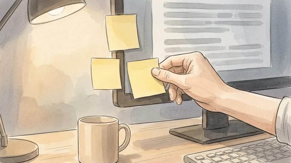 Step 5 of 15: Collect material through the week. A hand pressing a small blank sticky note onto the side of a monitor that shows only soft grey horizontal bars, with two similar notes already there.