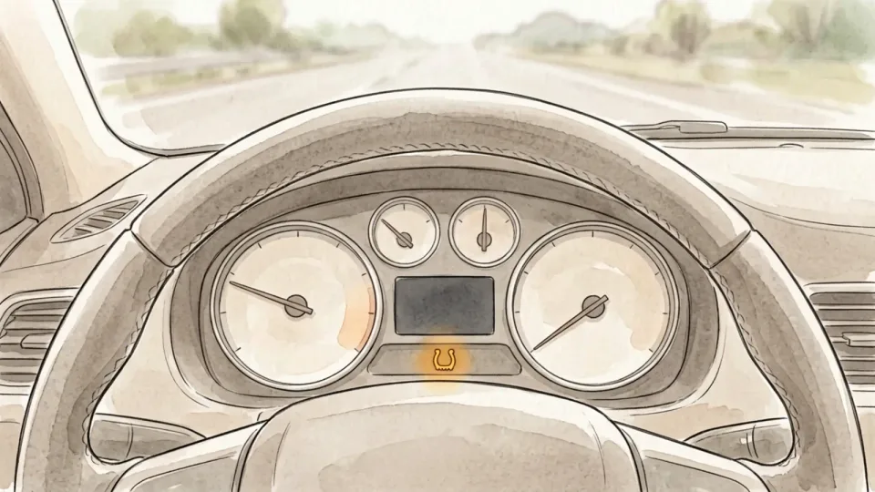 Step 13 of 15: Treat the dashboard warning as a last resort. A driver's seat view of a steering wheel and the lower dashboard, with one small amber symbol glowing in the instrument cluster.