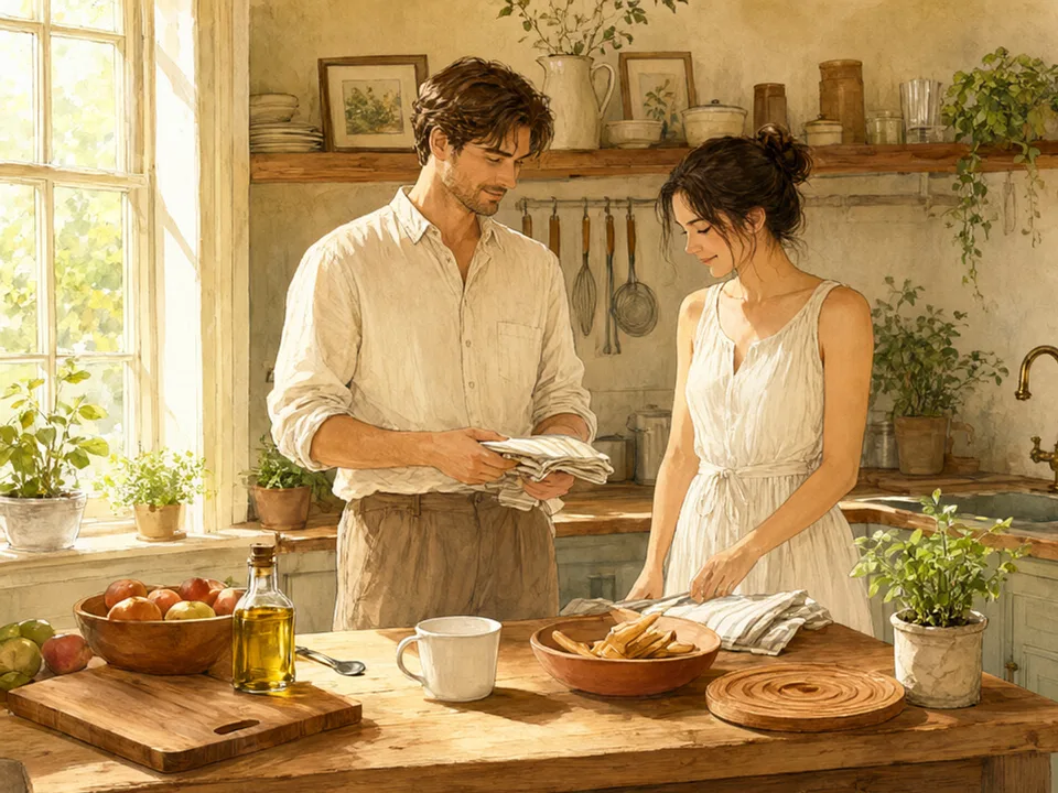 Step 10 of 12: Agree a standard, then stop supervising. Two people looking at a clean kitchen counter together