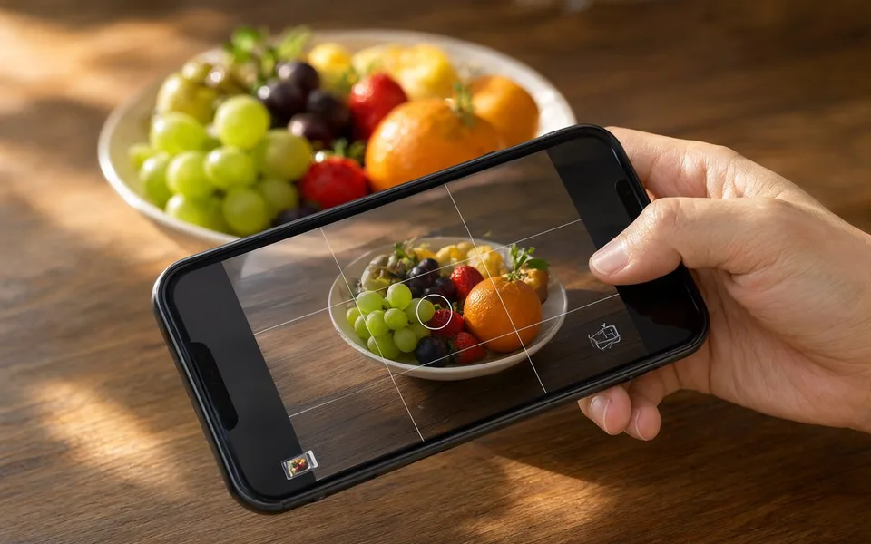 A phone camera grid lined up with a fruit bowl on a table