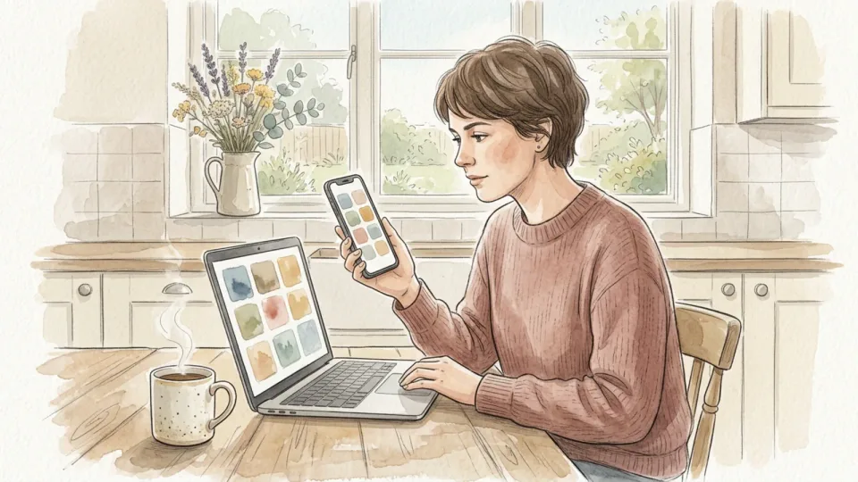 Step 2 of 15: Understand sync versus backup. A person at a kitchen table holding up a phone beside an open laptop, comparing the photo thumbnails shown on both screens.