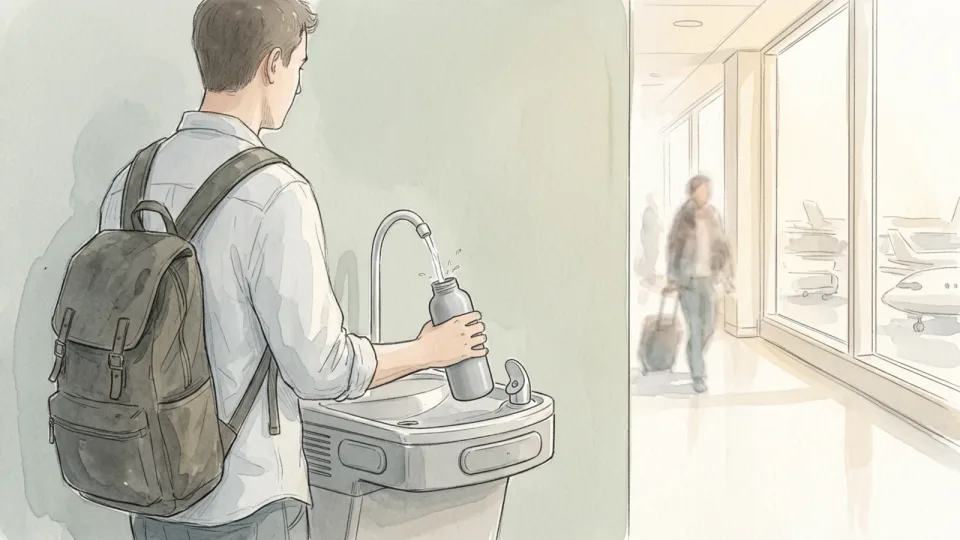 Step 13 of 15: Carry an empty bottle and fill it after security. A person holding a reusable bottle under a water fountain spout in a bright terminal corridor, a backpack on their shoulder.