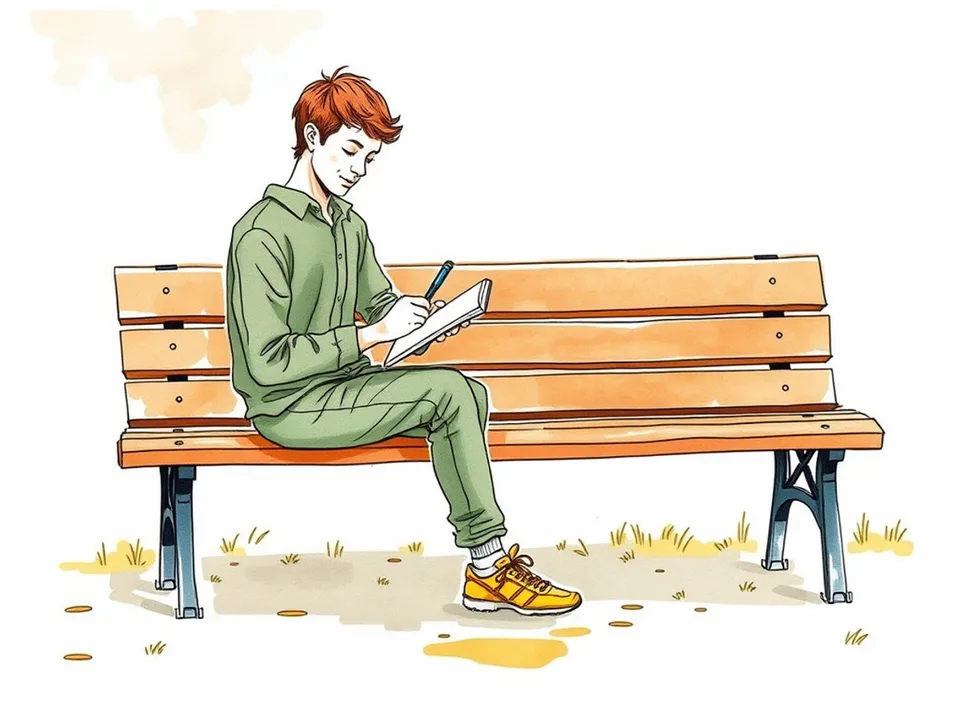 Step 8 of 12: Measure effort, not pace. A person writing a line in a small notebook while seated on a park bench, running shoes on the ground