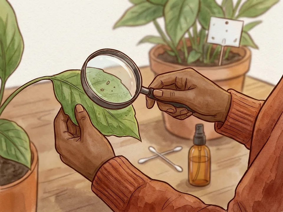 Step 10 of 12: Check for pests. A magnifying glass held over a houseplant leaf, with a spray bottle nearby