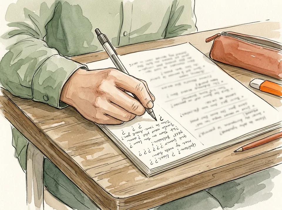 Step 9 of 15: Write your questions in the margin as they arrive. A notebook margin filled with short questions and question marks, a student's hand writing another