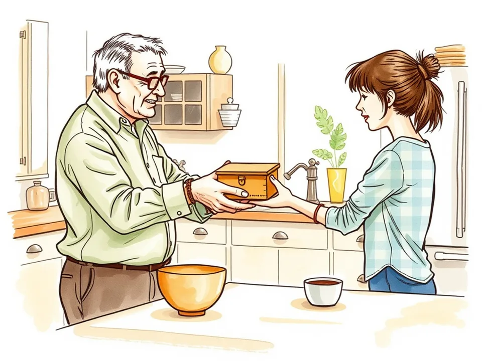 Step 12 of 12: Hand over ownership before you are tired of it. An older person handing a wooden box to a younger person across a kitchen table
