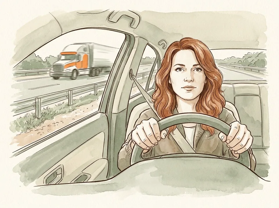 Step 1 of 15: Hold the wheel straight and coast to a stop. A driver gripping the steering wheel with both hands as her car rolls onto the shoulder of a divided highway