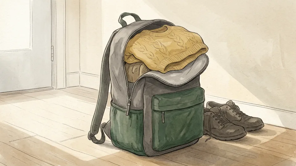Step 12 of 15: Keep a layer where you can reach it in the seat. A soft knitted jumper folded loosely across the top of a packed backpack, the zip half closed around it.