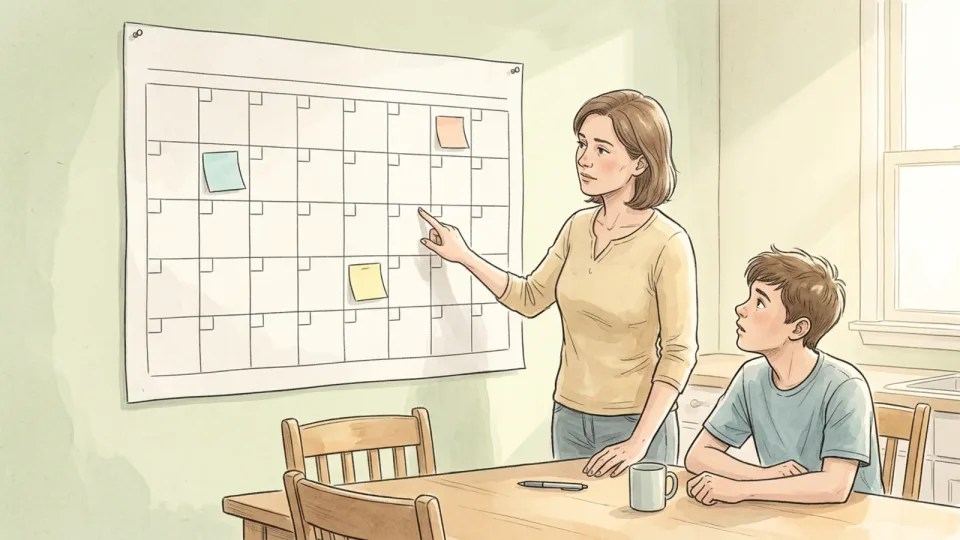 Step 9 of 15: Walk through the week ahead. A woman resting a fingertip on one square of a blank grid wall planner hung on a green wall, while a boy seated at the table below looks up at it.