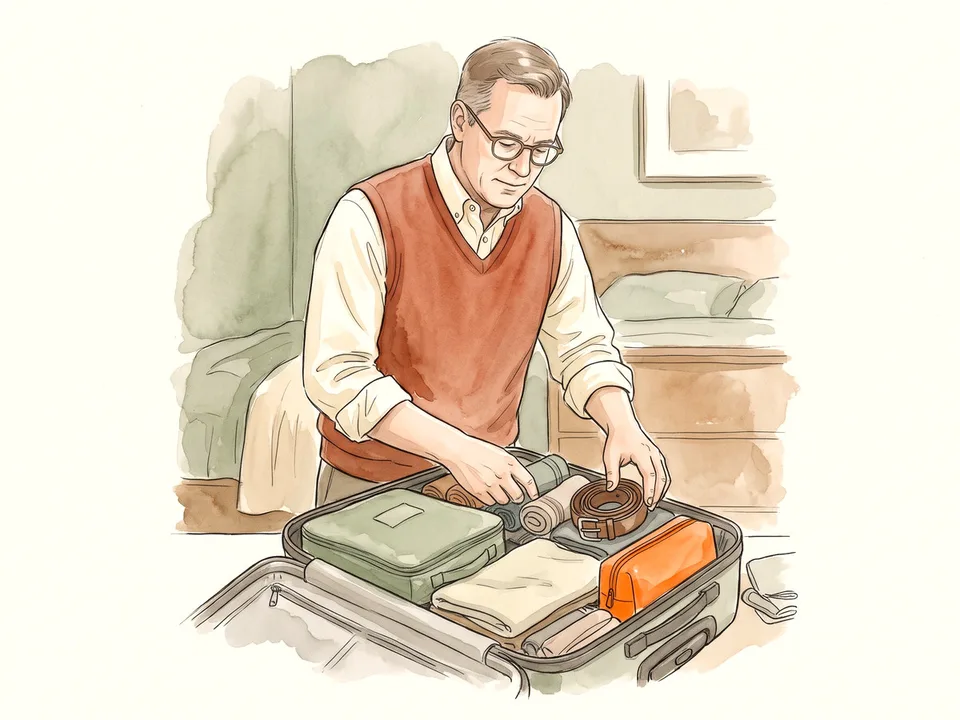Step 8 of 12: Fill gaps and use the space. A traveler filling the gaps in a packed suitcase