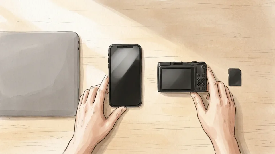 Step 1 of 15: List where your photos live. Hands arranging a phone, a compact camera, a memory card and a closed laptop into a row on a pale wooden desk, seen from above.