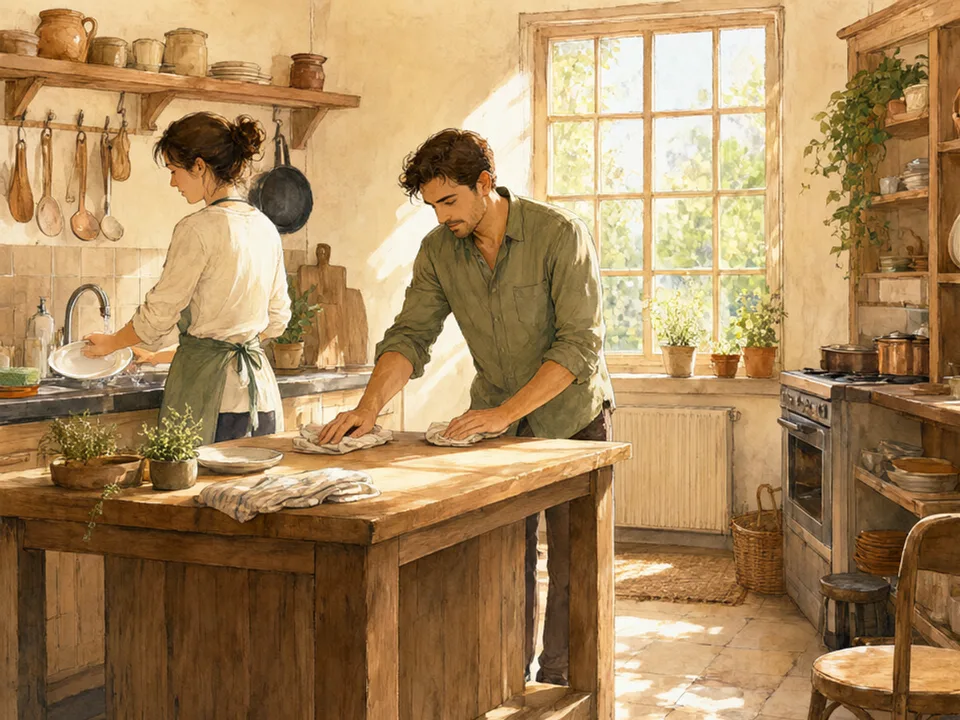 Step 2 of 12: Track a normal week before deciding anything. Two people doing kitchen tasks at the same time, one washing up and one wiping the counter