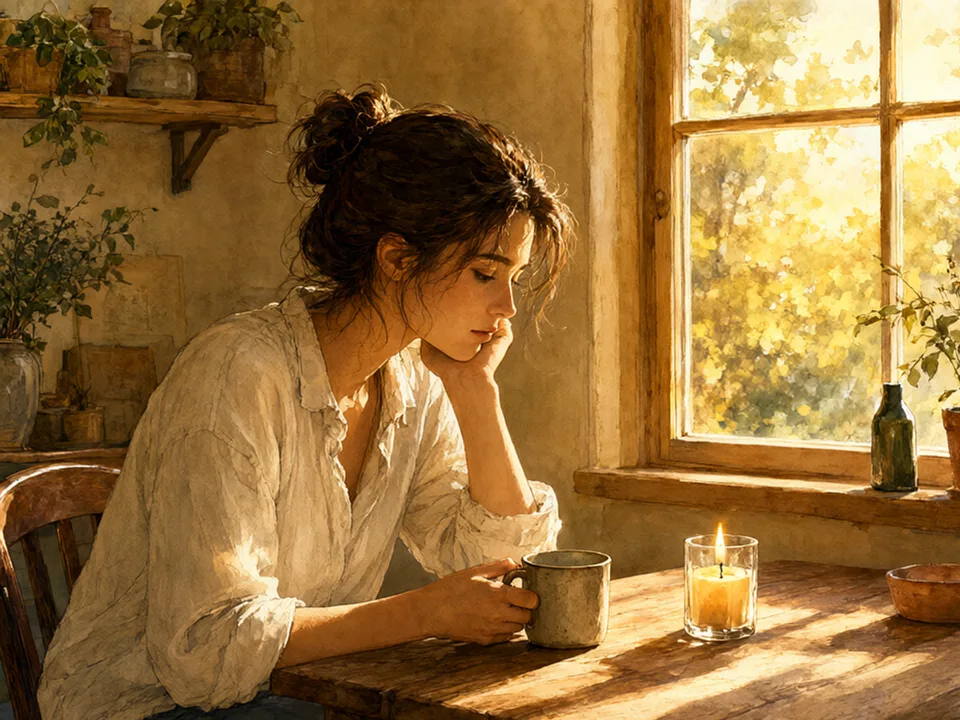 Step 1 of 12: Start from a feeling, not a photograph. A person sitting quietly with a mug and a candle, thinking about what a tradition should feel like
