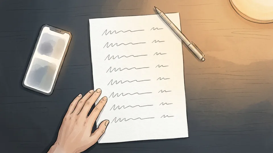 Step 12 of 15: Keep a written list of everything anyone takes. A single sheet of paper on a dark table with handwritten lines in neat rows, a hand resting at its edge, a pen across one corner and a phone face up beside it.