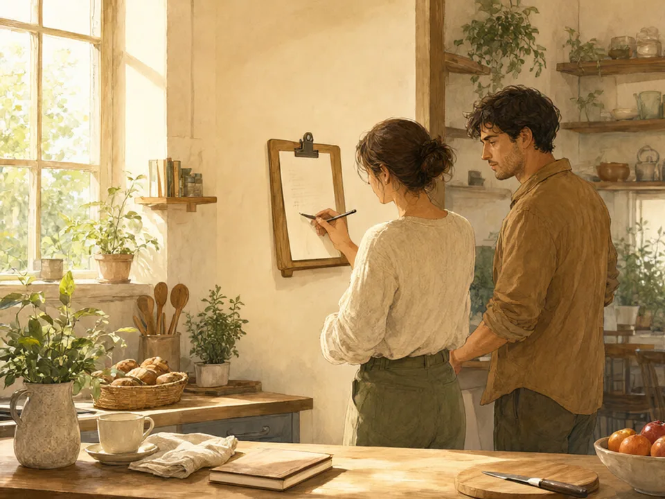 Step 7 of 12: Write it down where you both see it. A person writing on a notepad on the kitchen wall while another reads it