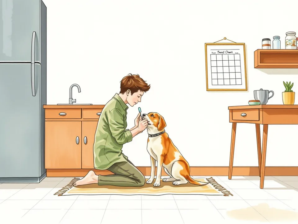 Step 9 of 12: Brush daily or at least several times a week. A person brushing a dog's teeth on a mat with a marked calendar on the wall