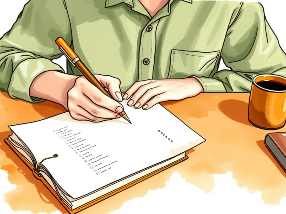 Step 6 of 12: Number the premises and find the gaps. A person writing a numbered list in a notebook beside an open book
