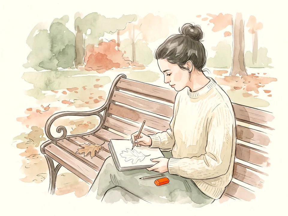 Step 6 of 12: Sketch the big shape before details. A woman sketching the outline of an oak leaf on a park bench