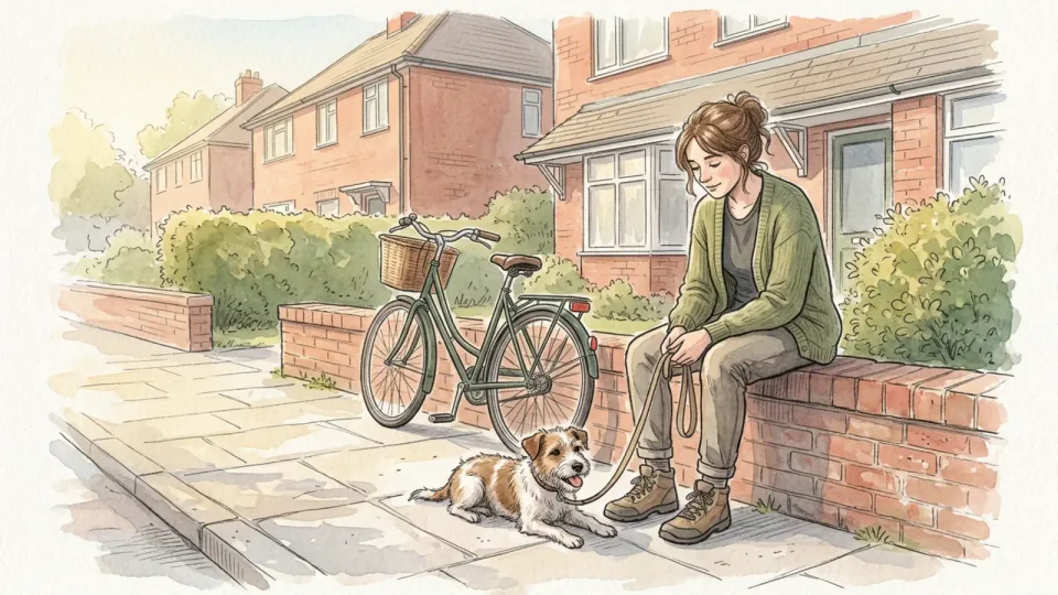 Step 6 of 15: Begin with short, frequent walks. A young woman sitting on a low garden wall in a quiet residential street in the morning, one hand on her boot, while a small terrier lies on the pavement beside her.