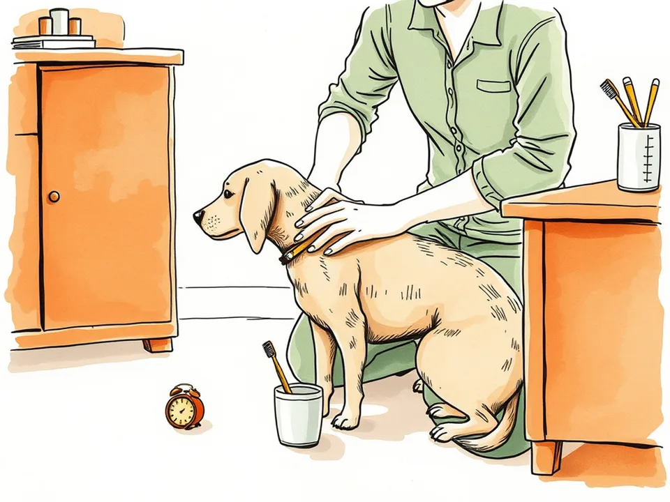 Step 8 of 12: Keep sessions short and positive. A person stopping to stroke a dog after a short brushing session, timer nearby