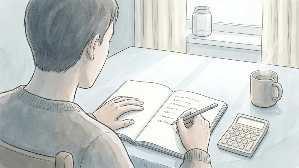 Step 13 of 15: Raise the target once the first one lands. A person at a kitchen table adding a new line to a notebook list, a calculator and a mug beside them.