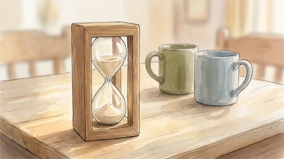 Step 4 of 15: Agree a length and keep the first one short. A small wooden-framed sand timer standing on a dining table beside two mugs, with the sand part way through.