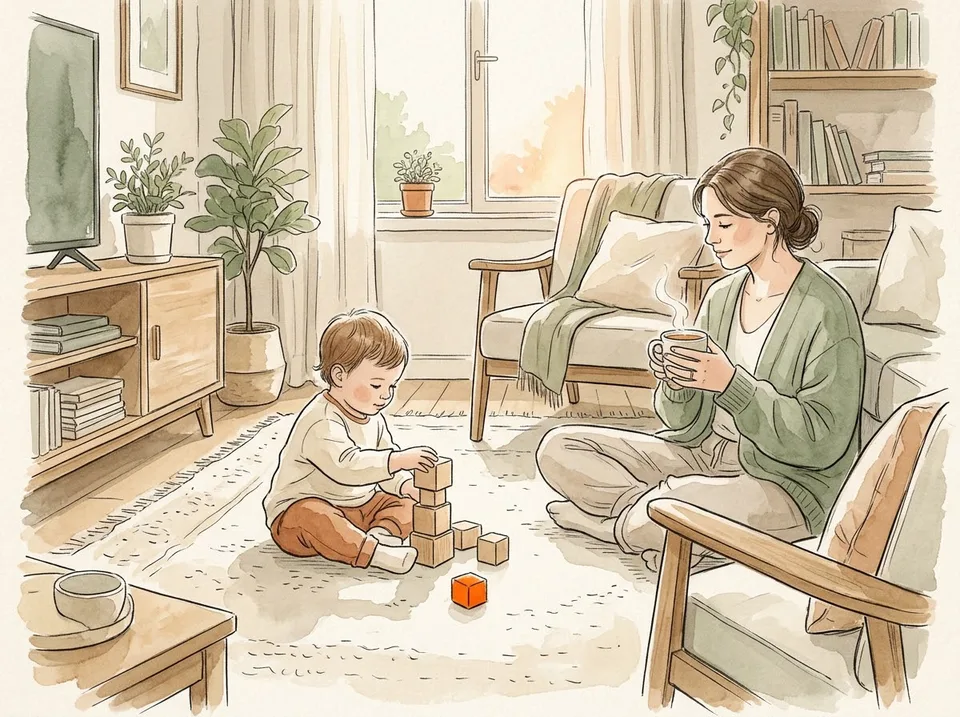 Step 14 of 15: Drop the nap when it starts eating the night. A toddler playing quietly with blocks in the late afternoon, no nap, a parent nearby with a cup of tea