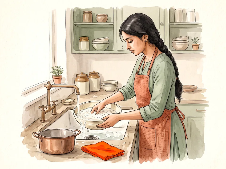 Step 1 of 12: Rinse the rice. A cook rinsing white rice in a wide bowl at the kitchen sink