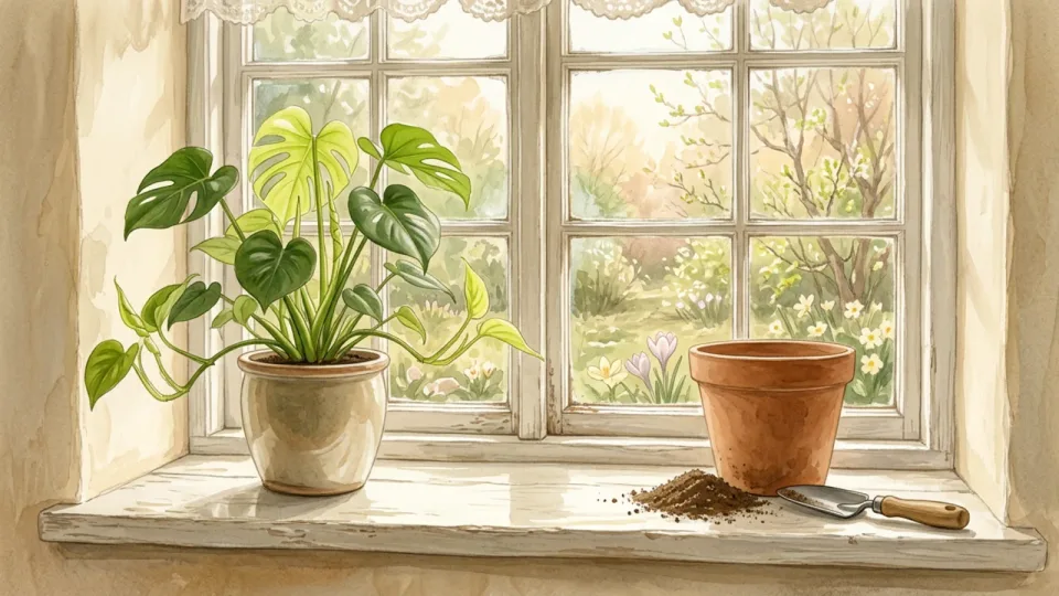 Step 3 of 15: Pick a suitable time. A healthy houseplant with fresh growth on a bright windowsill beside an empty terracotta pot, with a spring garden outside.