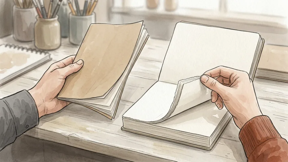 Step 1 of 15: Buy paper heavy enough for water. Two hands comparing two sketchbooks on a table, flexing the thick page of the open one between finger and thumb.