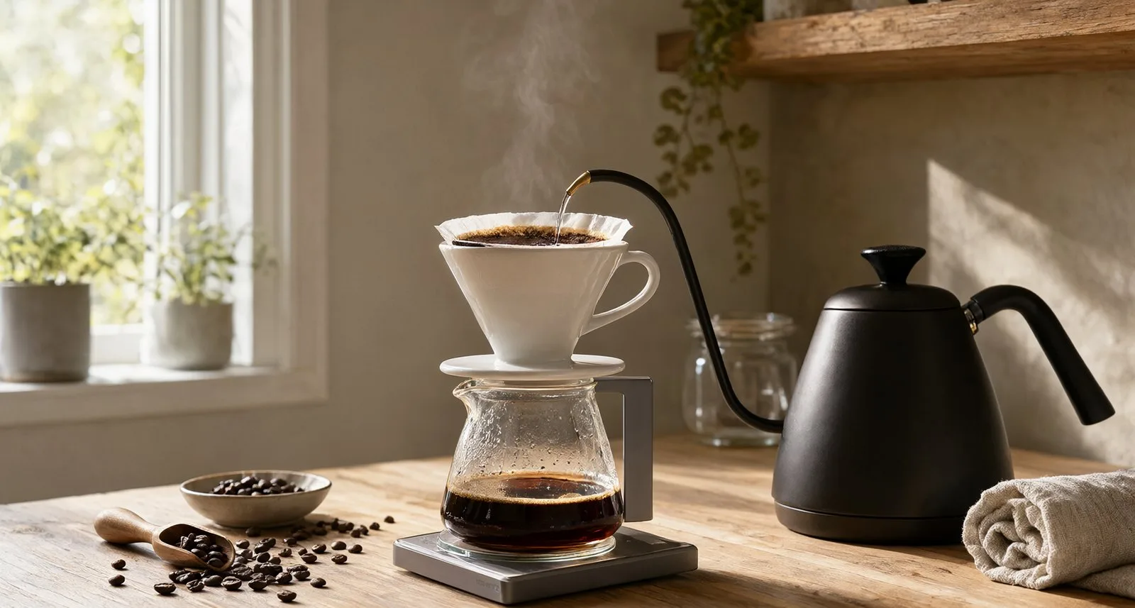 A pour-over coffee setup with kettle, dripper and fresh beans on a kitchen counter