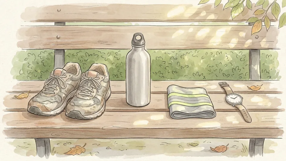 Step 5 of 15: Gather the few things you need. Running shoes, a water bottle, a reflective band and a plain watch laid out on a wooden bench