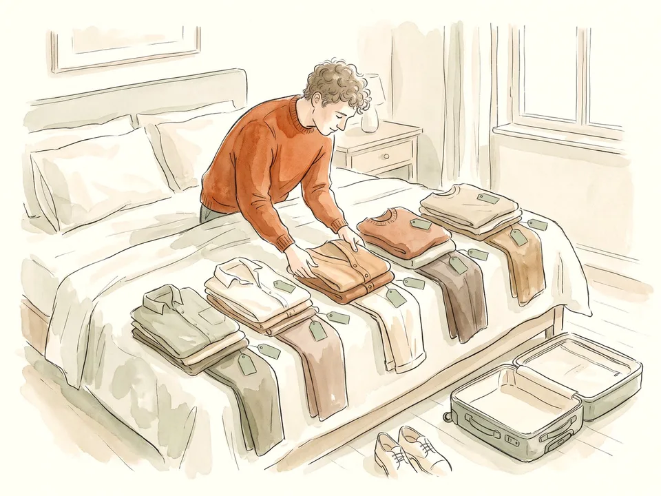 Step 3 of 12: Lay out outfits for each day. A traveler laying out seven outfits for a week