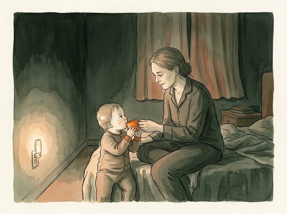 Step 12 of 15: Keep night feeds boring and brief. A parent giving a toddler a cup of water in a dark bedroom, the nightlight glowing softly on the wall