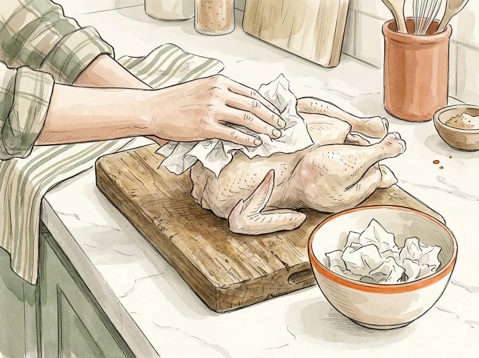Step 3 of 15: Dry the skin thoroughly. Hands patting a raw chicken dry with paper towel on a board, a bowl for the used towel beside it