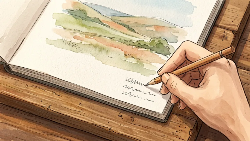Step 13 of 15: Write the notes in pencil, not ink. A hand writing short pencil notes in the bottom corner of a painted sketchbook page resting on a hard wooden board.
