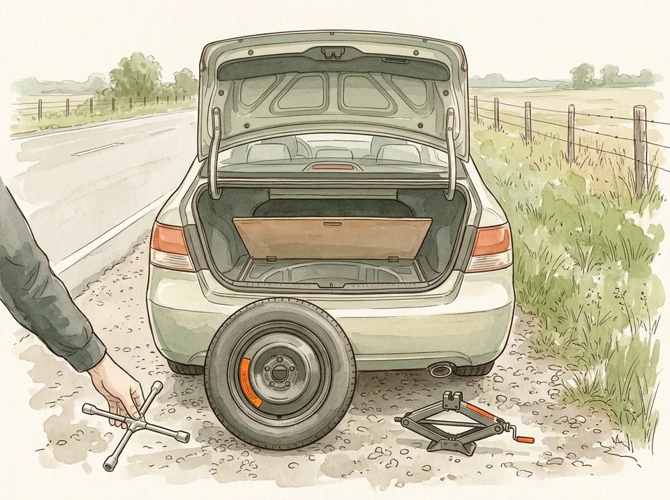 Step 5 of 15: Lay out the spare, the jack, and the wrench before you lift anything. An open trunk with a spare tire, a scissor jack, and a four-way lug wrench laid out on the ground beside the car