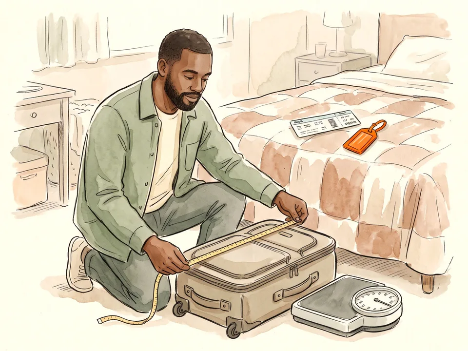 Step 1 of 12: Check the airline carry-on rules. A traveler measuring a carry-on suitcase with a tape measure