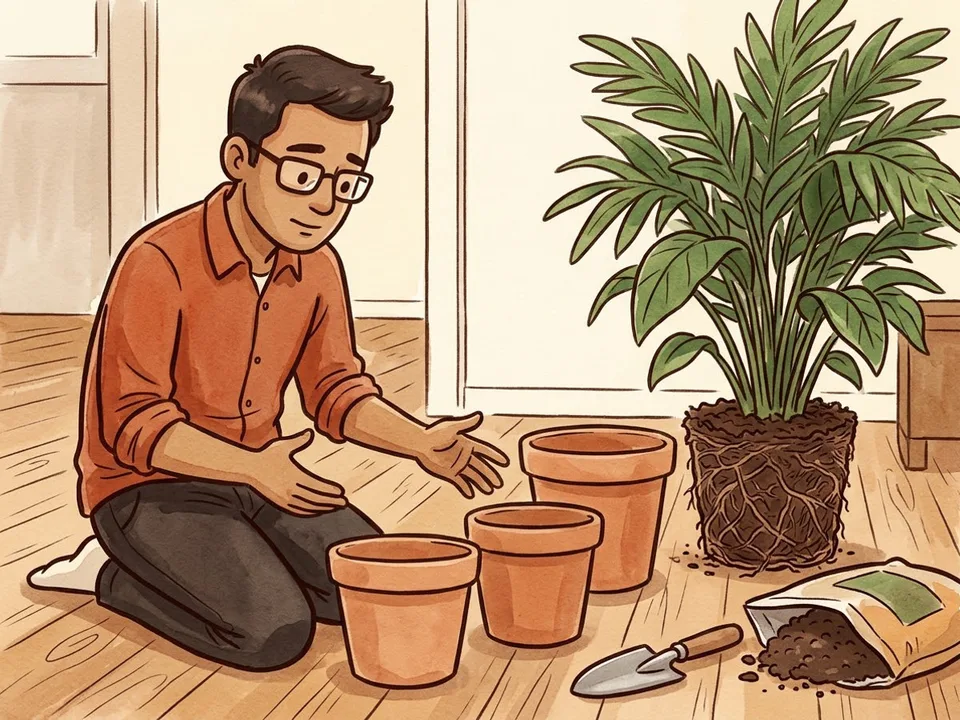 Step 5 of 12: Choose a pot one size up. A gardener comparing a root-bound plant with a slightly larger terracotta pot