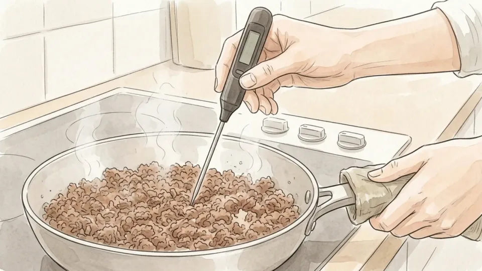 Step 8 of 15: Trust the thermometer, not the colour. A hand holding a digital probe thermometer in a pan of browned minced meat on a hob.