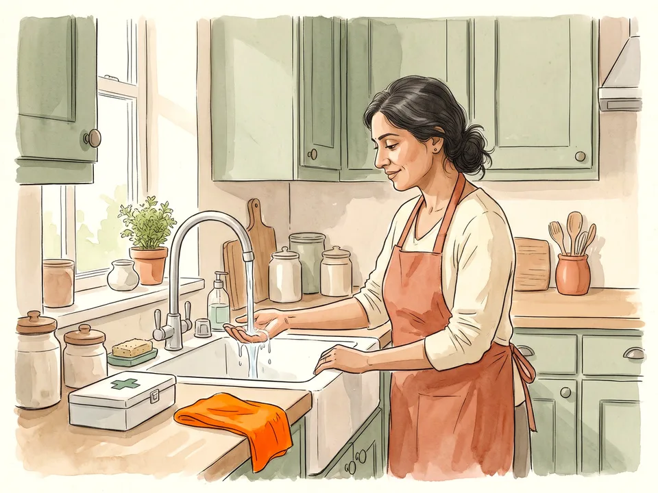 Step 7 of 12: Handle burns, sprains, and swelling. A woman holding a hand under cool running water at a kitchen sink