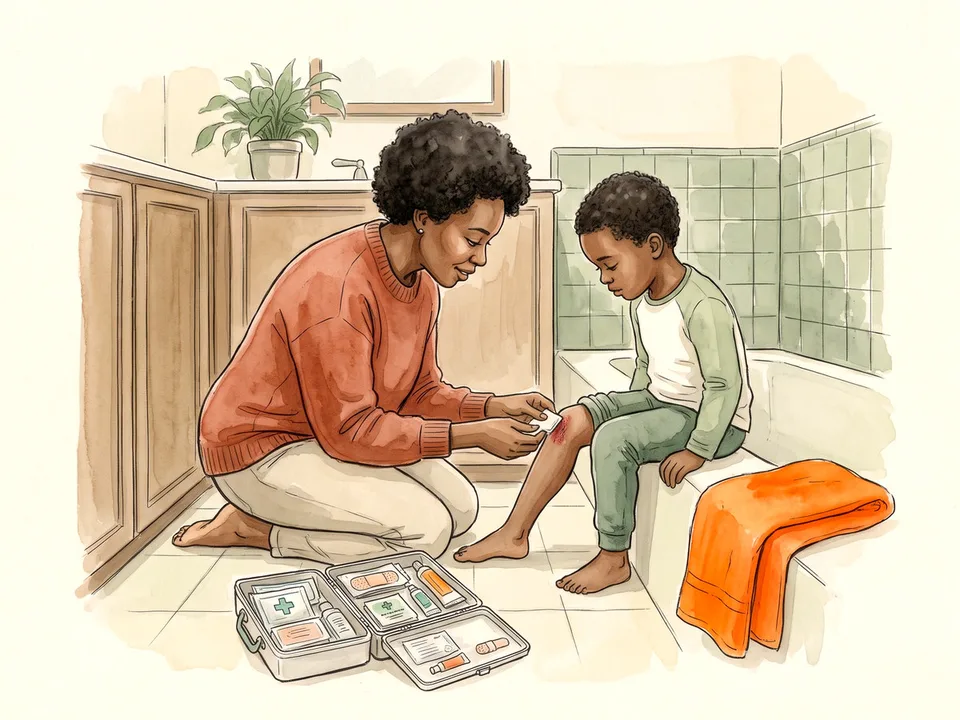Step 11 of 12: Respond to a minor injury step by step. A woman kneeling beside a child with a scraped knee, holding gauze