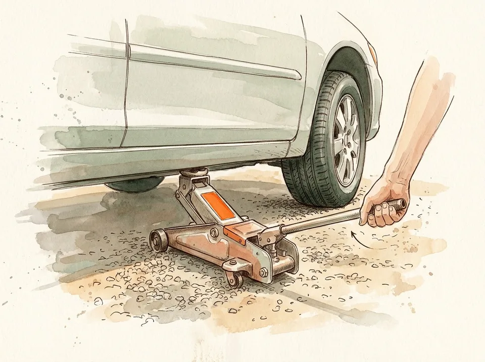 Step 12 of 15: Lower the car until the tire grips the ground. A hand turning the jack handle to lower a sedan until the new tire presses firmly onto the driveway