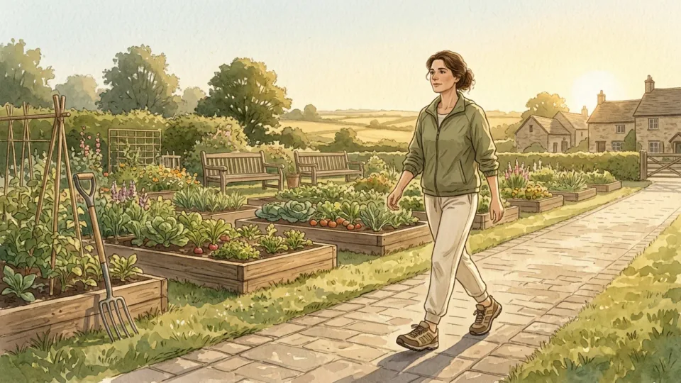 Step 8 of 15: Warm up with easy walking. An adult walking at an easy warm-up pace along a level path beside a community garden