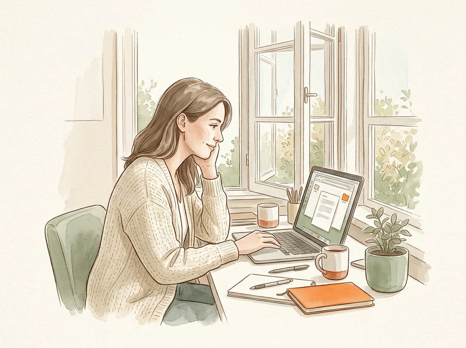 Step 11 of 15: Restore one file to prove the backup works. A woman opening a restored document on her laptop desktop, the backup browser window still open behind it